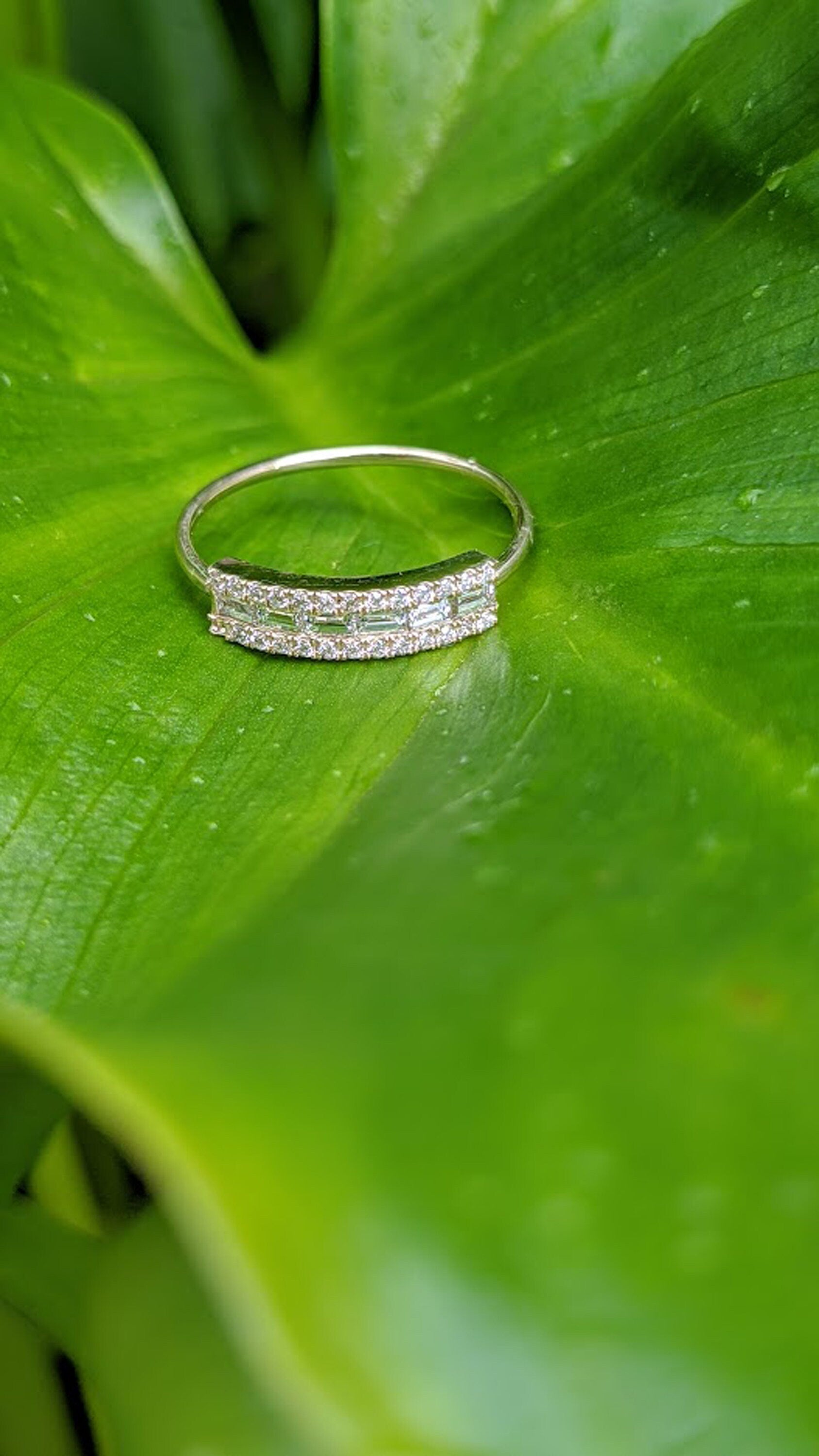 14k Baguette and round Diamond Micro Pave Ring
