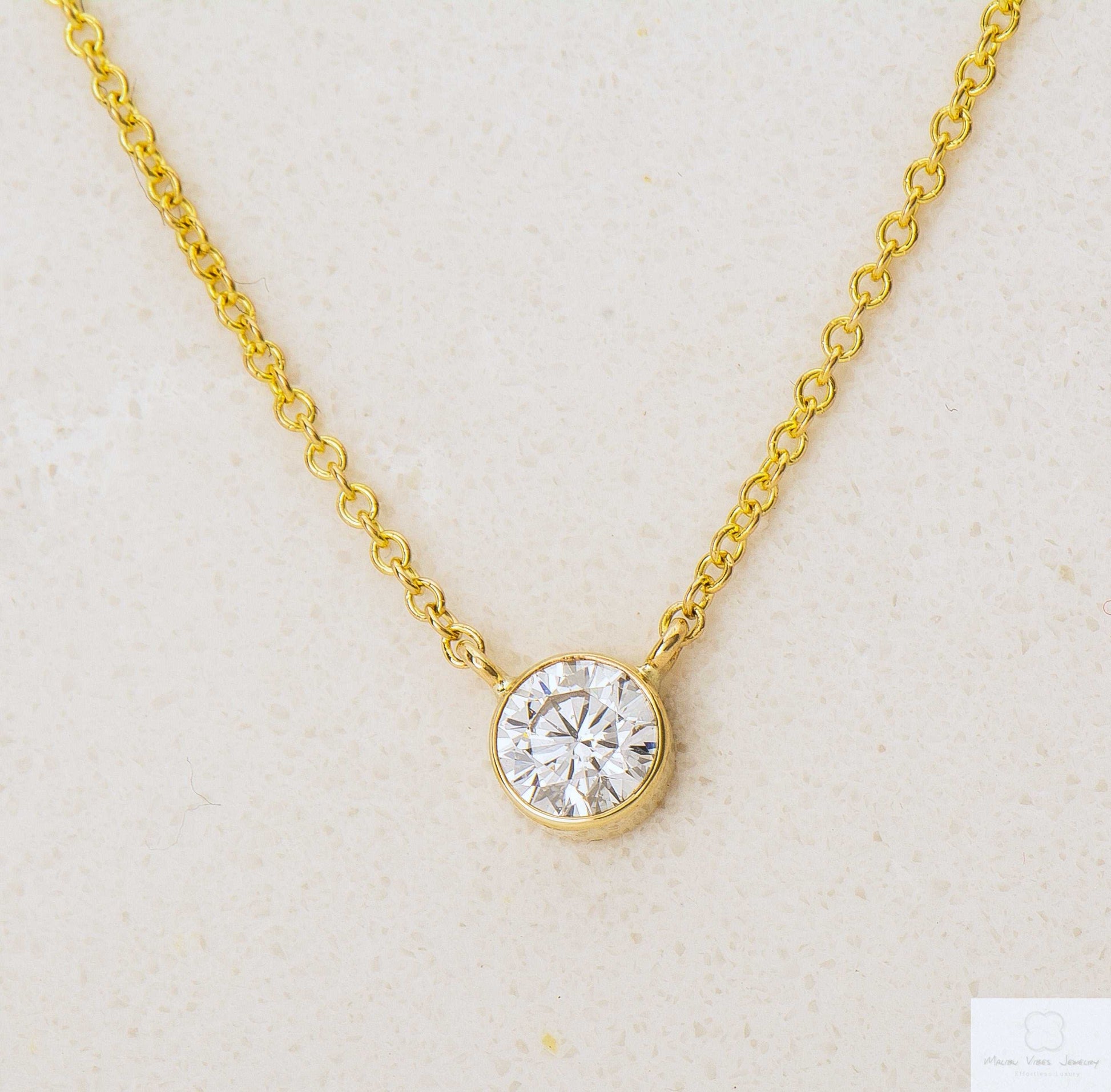14K Gold Bezel Set Diamond Solitaire Necklace .25 carat