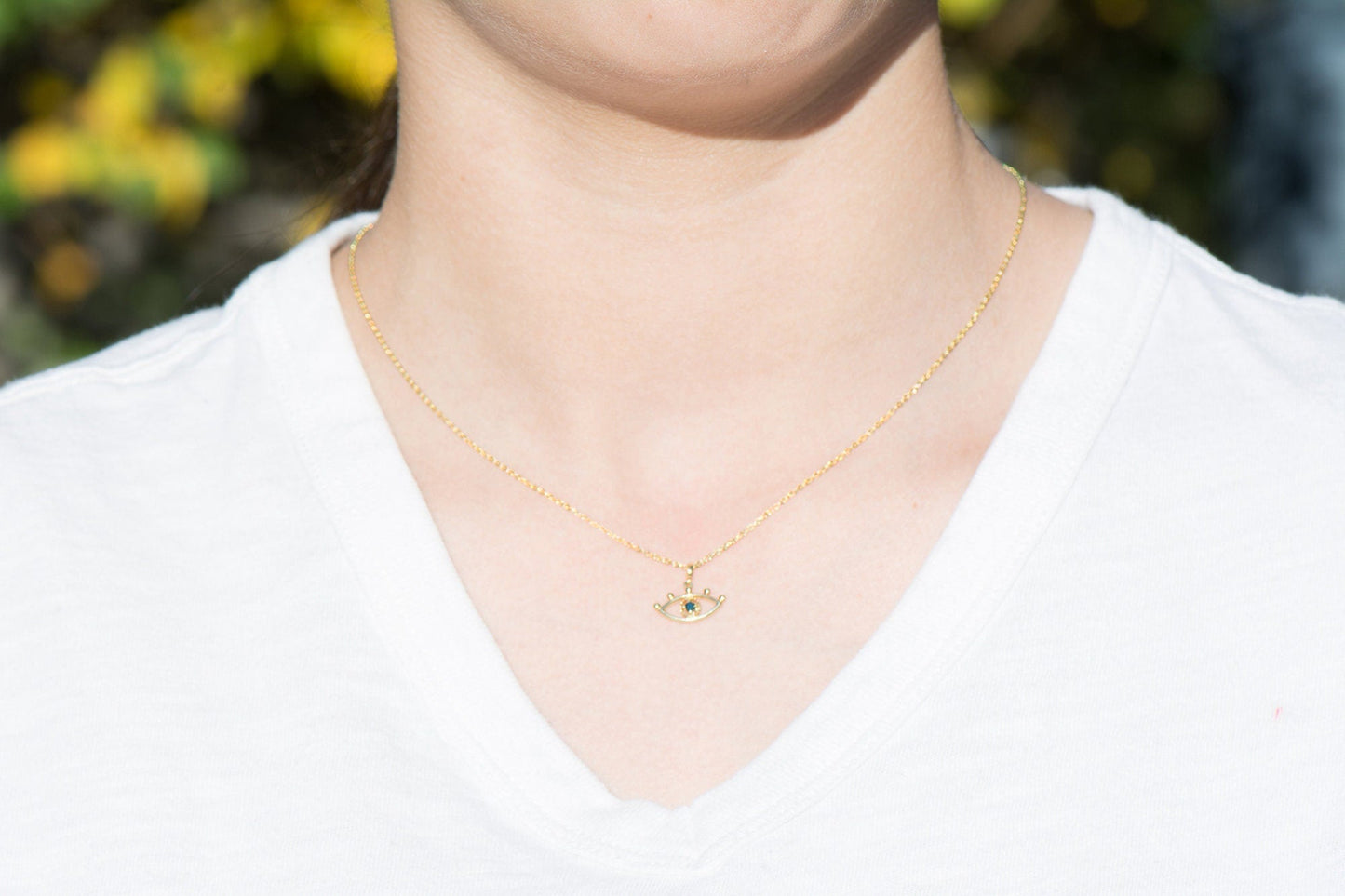 14k Gold Evil Eye Charm Necklace with Blue Diamond