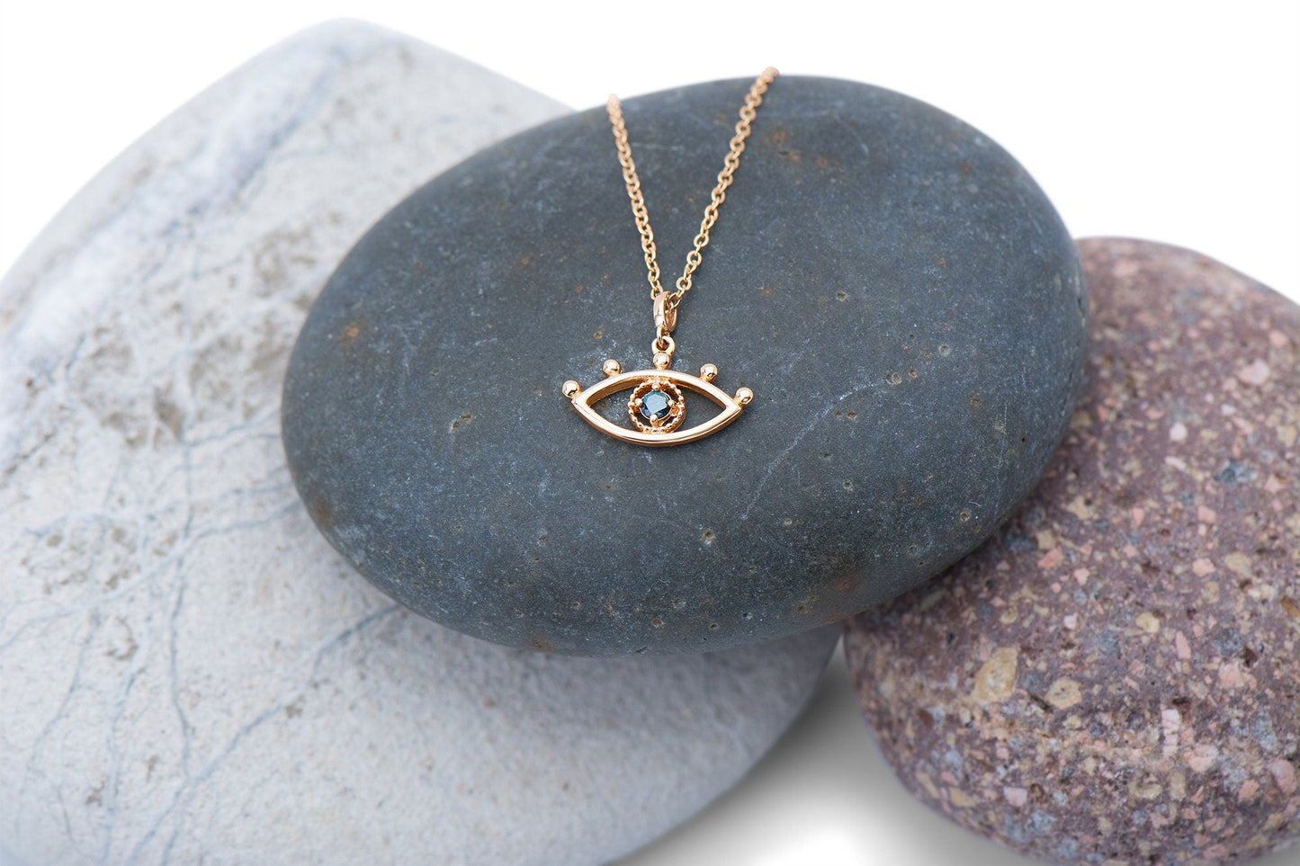 14k Gold Evil Eye Charm Necklace with Blue Diamond
