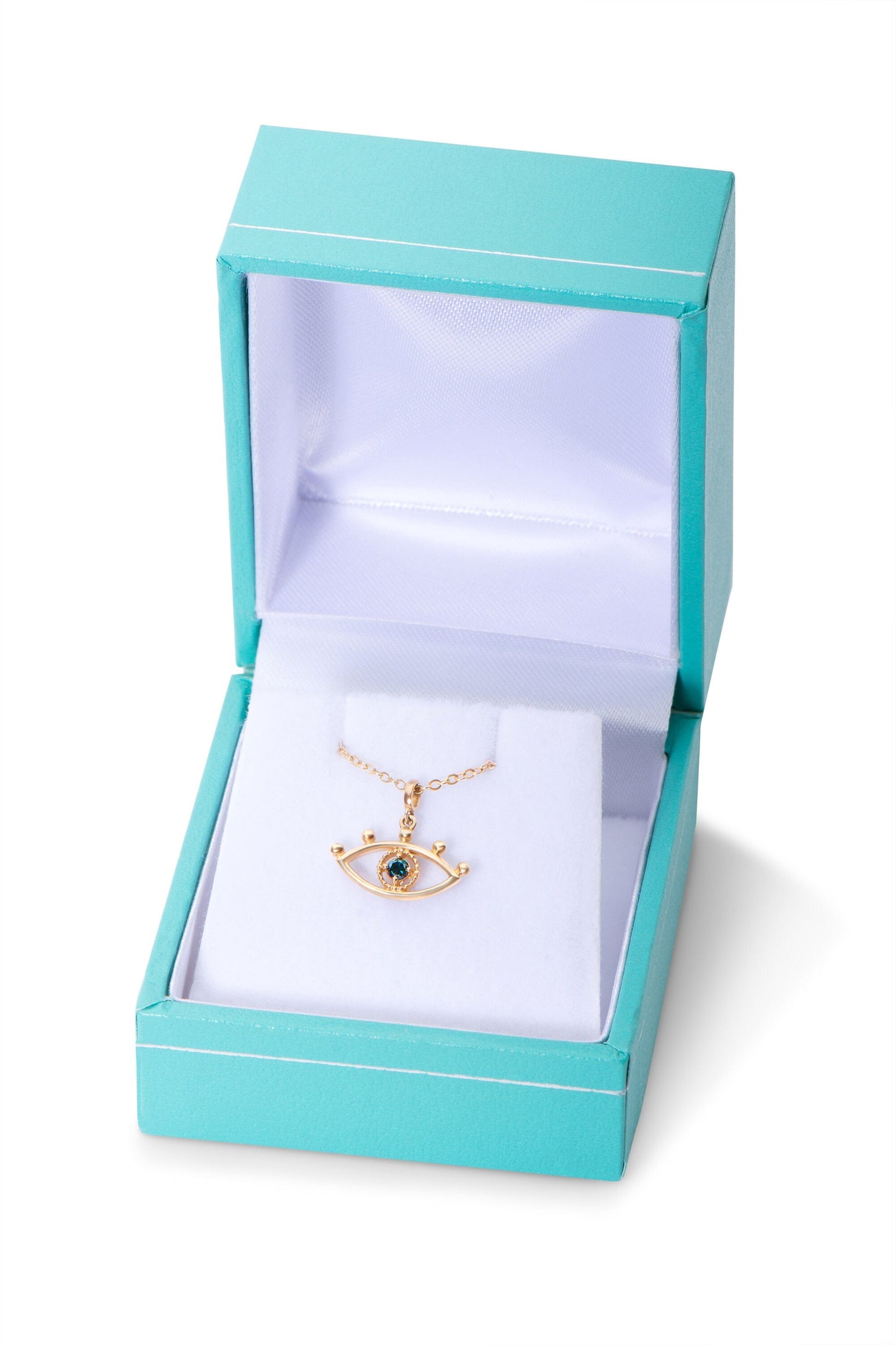 14k Gold Evil Eye Charm Necklace with Blue Diamond