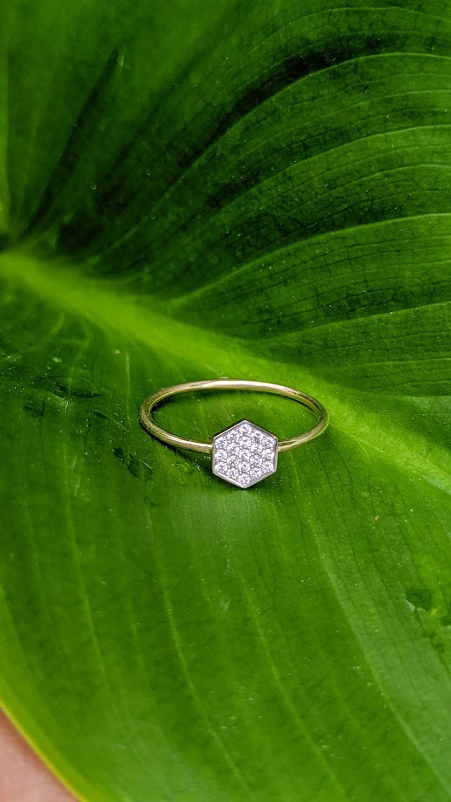 14k Gold Hexagon Diamond Ring, Micro Pave Honeycomb design Ring