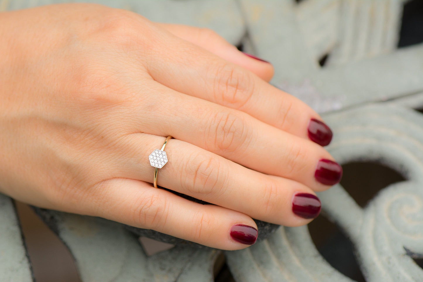 14k Gold Hexagon Diamond Ring, Micro Pave Honeycomb design Ring