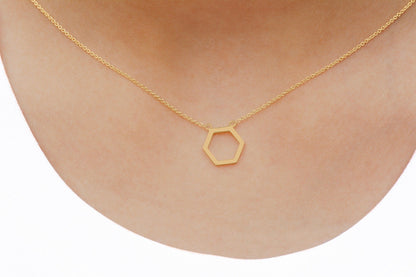 14k Gold Hexagon Necklace, Geometric Honeycomb Shape Small Charm Pendant