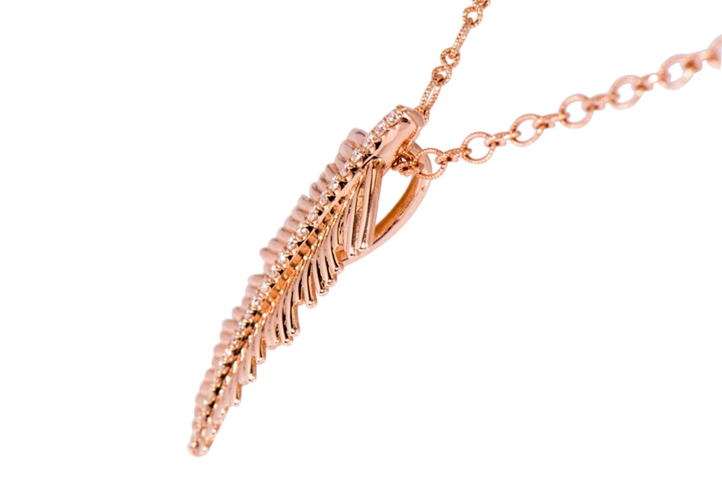 14k Rose Gold Micro Pave Diamond Feather Necklace with Twist Link Chain