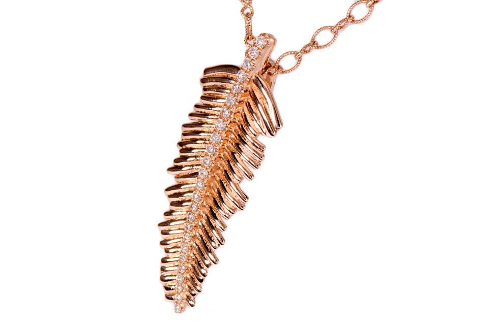 14k Rose Gold Micro Pave Diamond Feather Necklace with Twist Link Chain