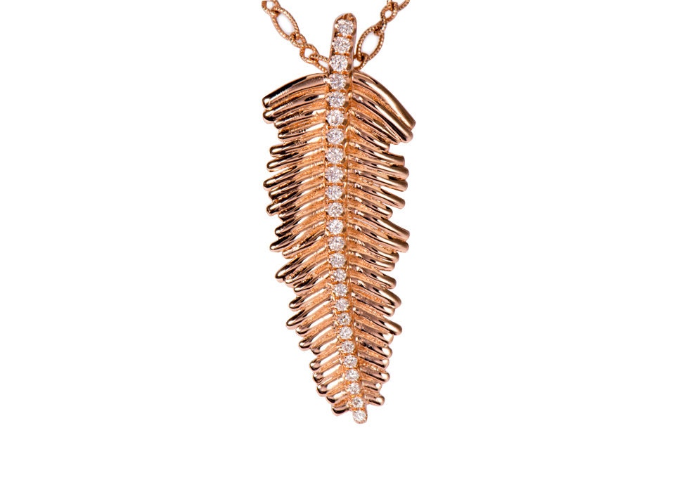 14k Rose Gold Micro Pave Diamond Feather Necklace with Twist Link Chain