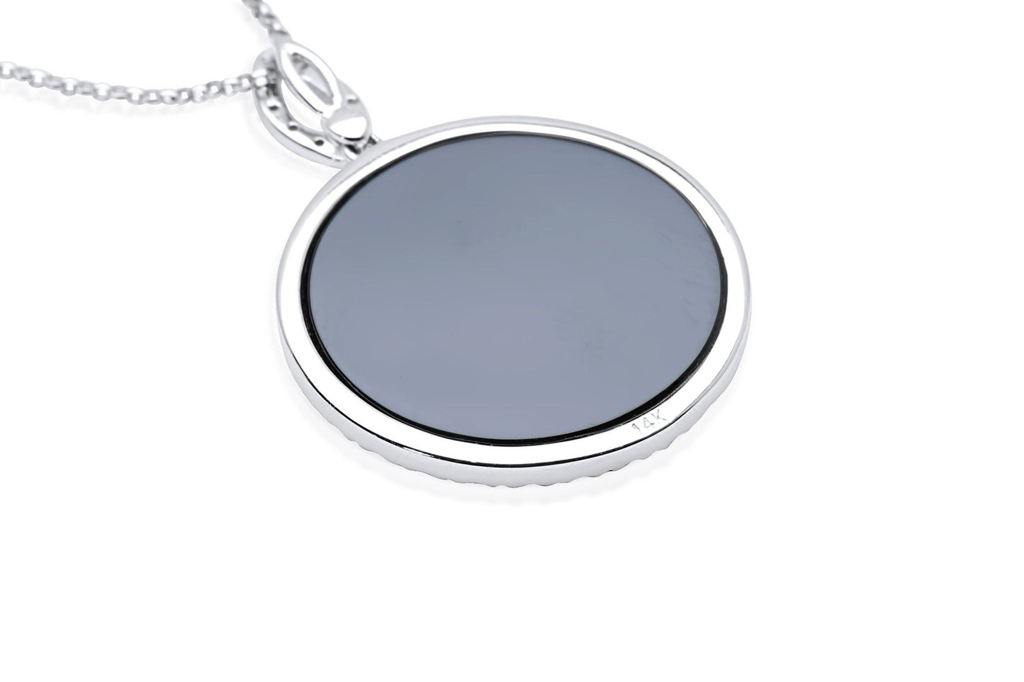 14k White Gold Black Onyx Diamond Pendant Circle Necklace