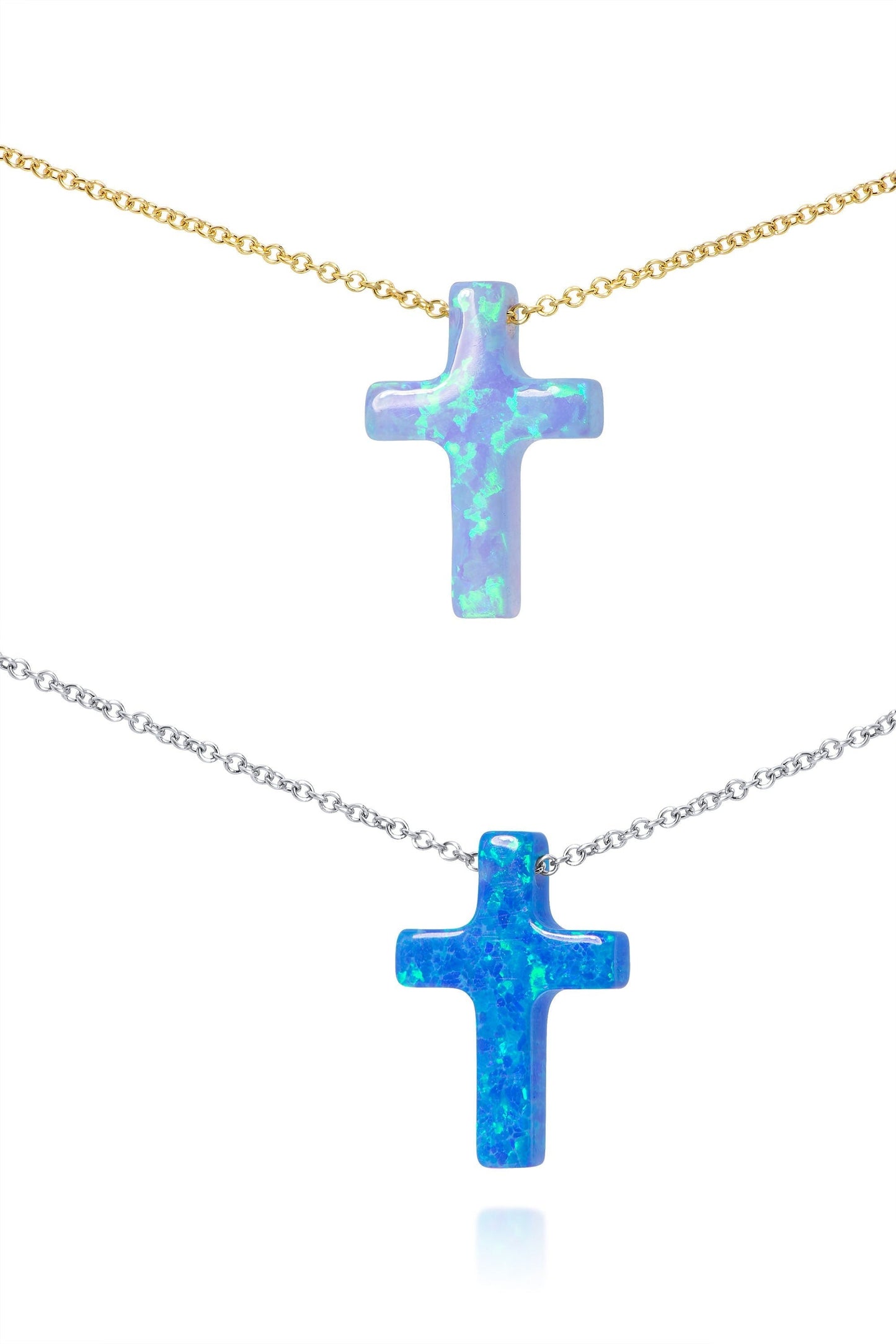 Opal Cross Necklace floating on 14k Gold Chain