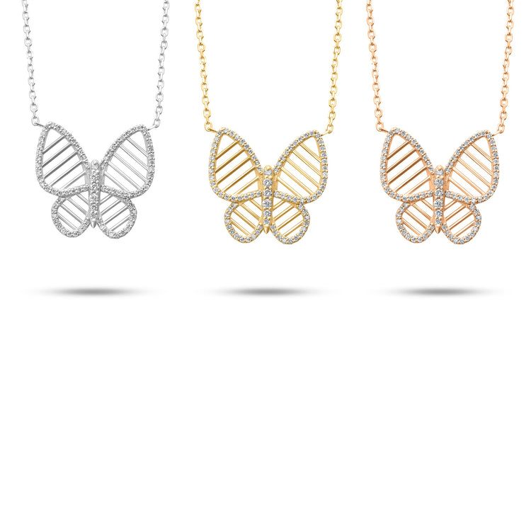 Diamond Butterfly Necklaces in White, Rose, White Gold