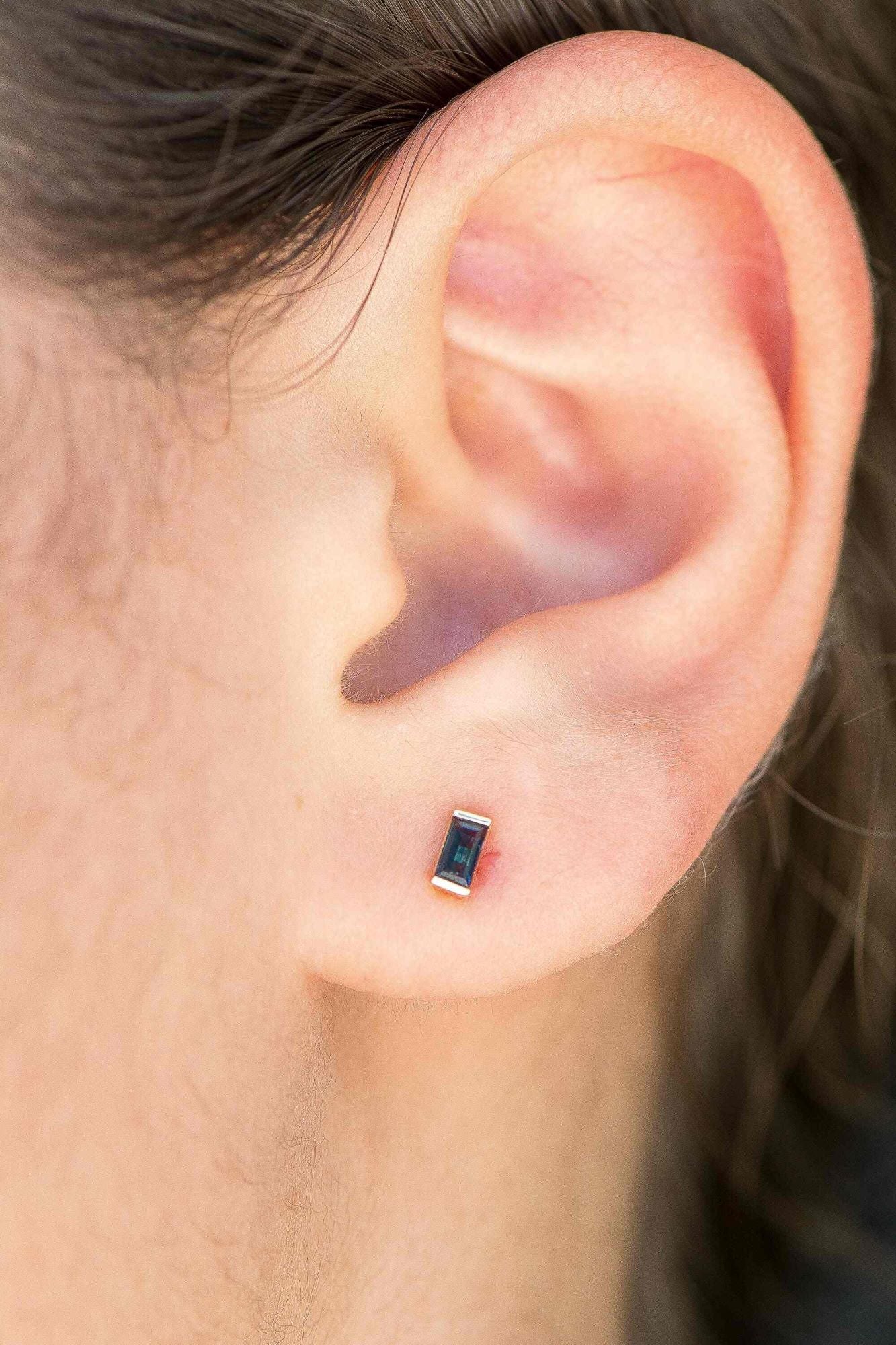 14k Gold Baguette Cut Blue Sapphire Stud Earrings