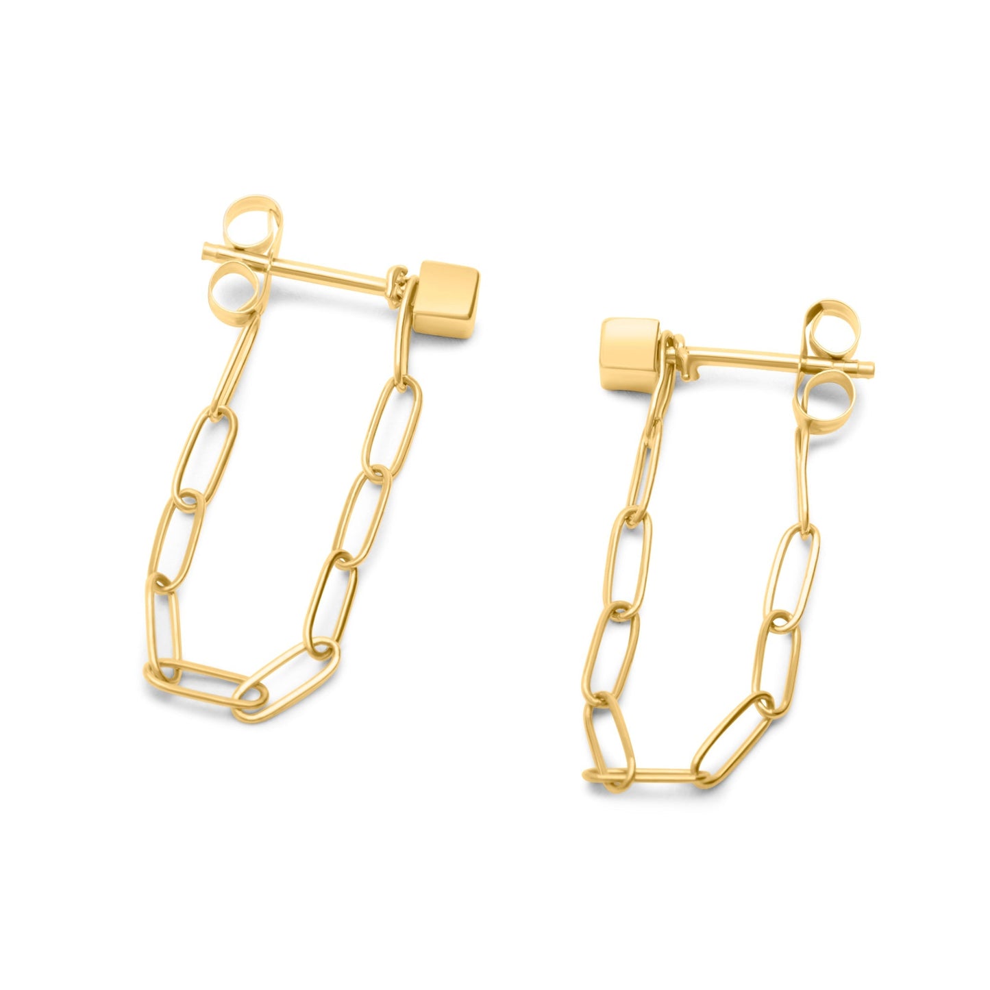 14k Gold Paperclip Chain Link Cube Stud Earrings