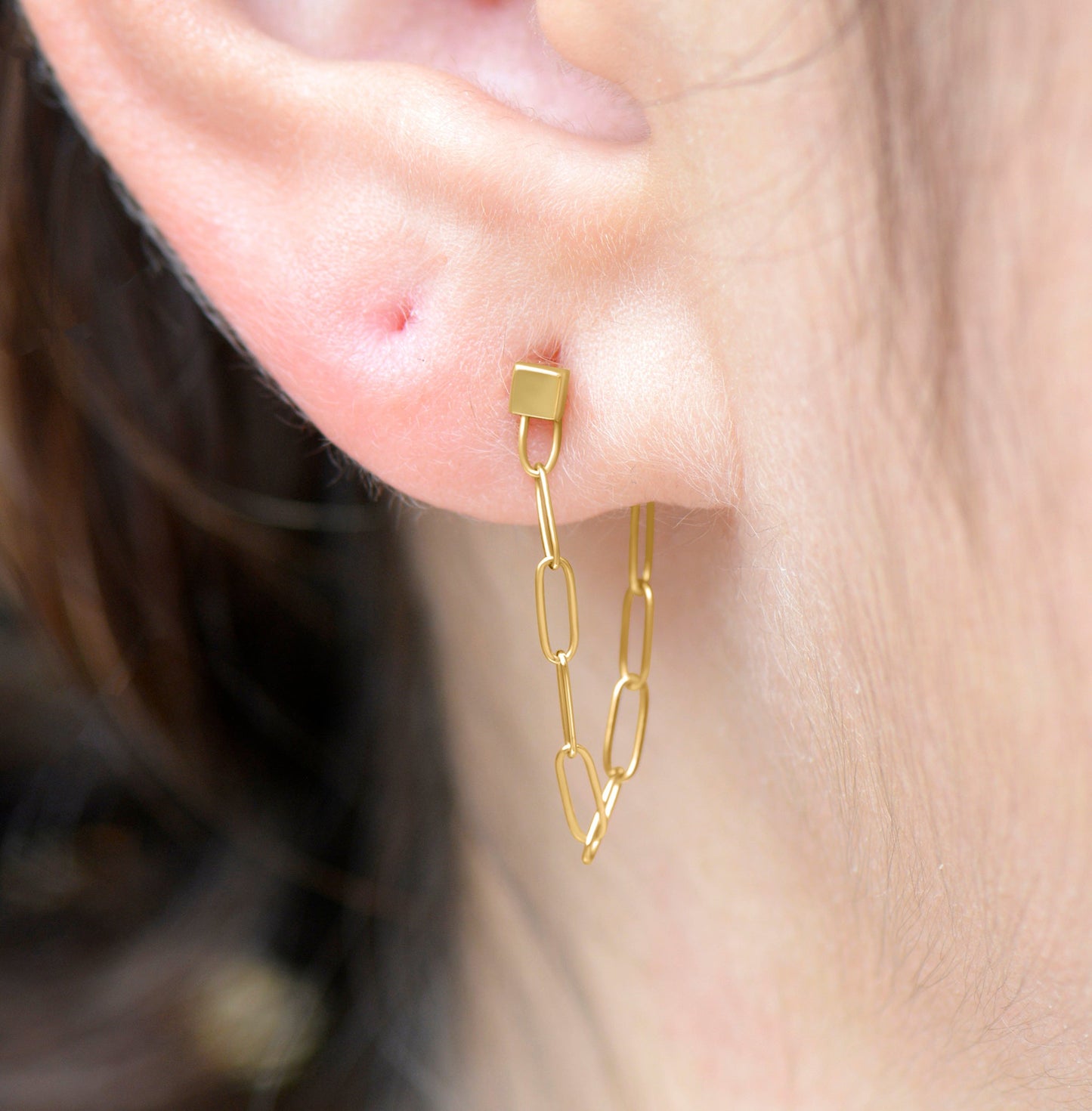 14k Gold Paperclip Chain Link Cube Stud Earrings