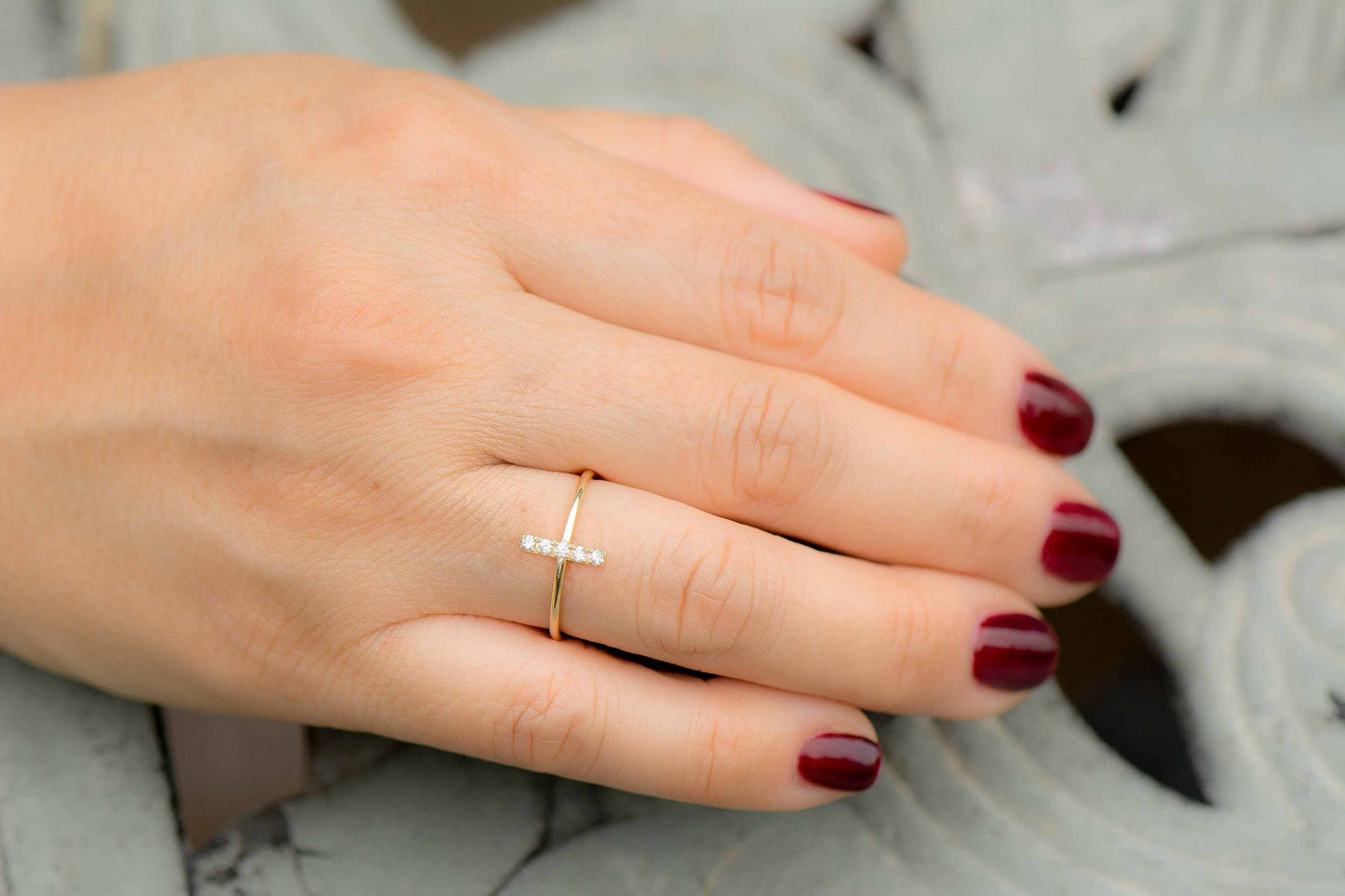 14K Micro Pave Vertical Diamond Bar Ring