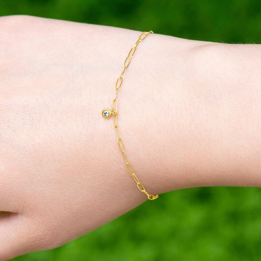 14k Gold Paperclip Chain Link Dangling Diamond Bezel Bracelet