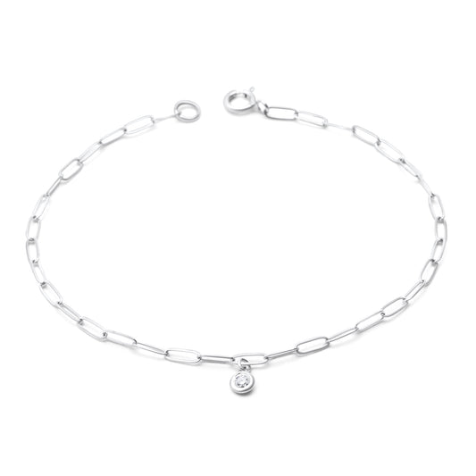 14k Gold Paperclip Chain Link Dangling Diamond Bezel Bracelet