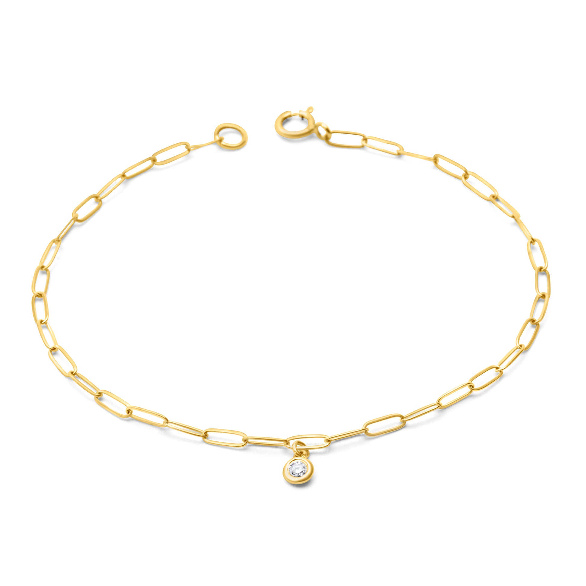 14k Gold Paperclip Chain Link Dangling Diamond Bezel Bracelet