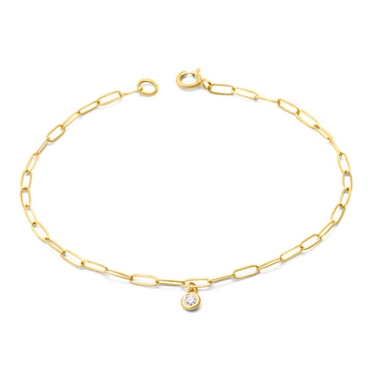 14k Gold Paperclip Chain Link Dangling Diamond Bezel Bracelet