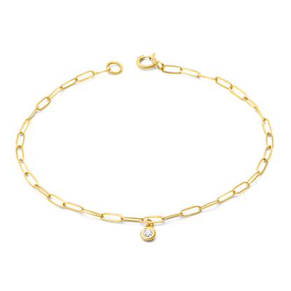 14k Gold Paperclip Chain Link Dangling Diamond Bezel Bracelet