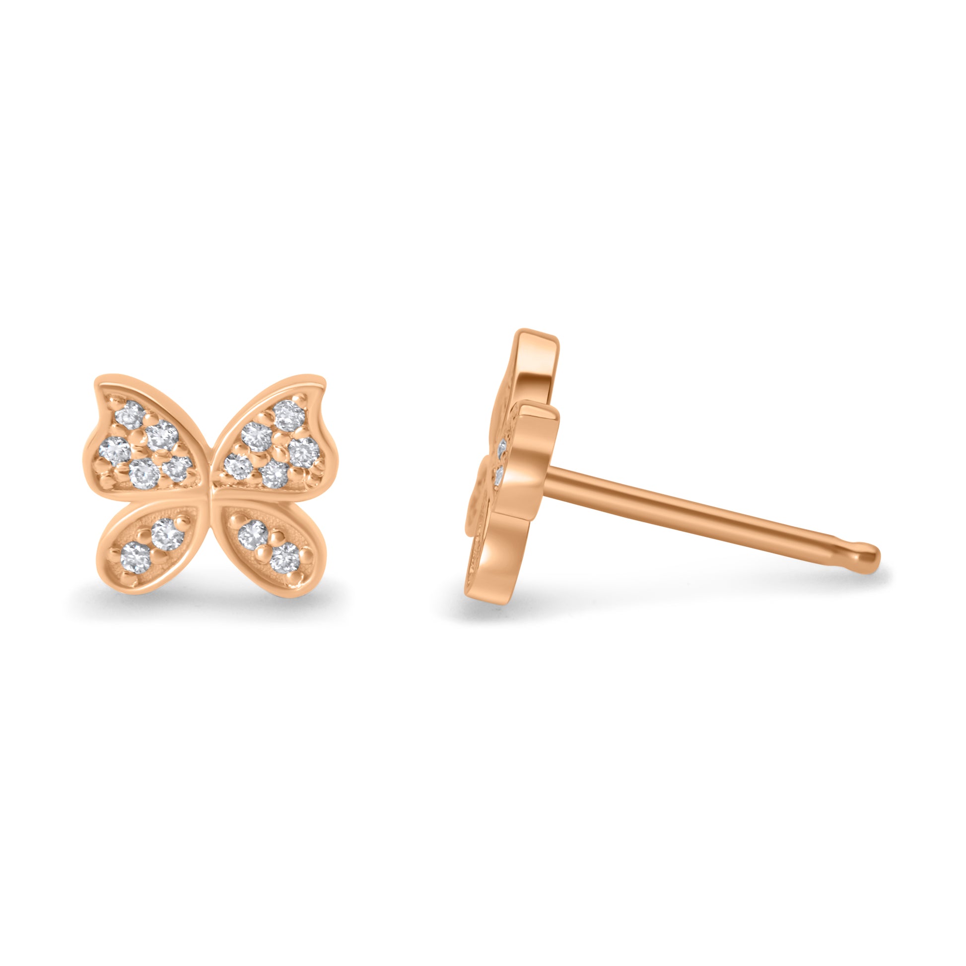 14k rose gold diamond butterfly earrings front and side view