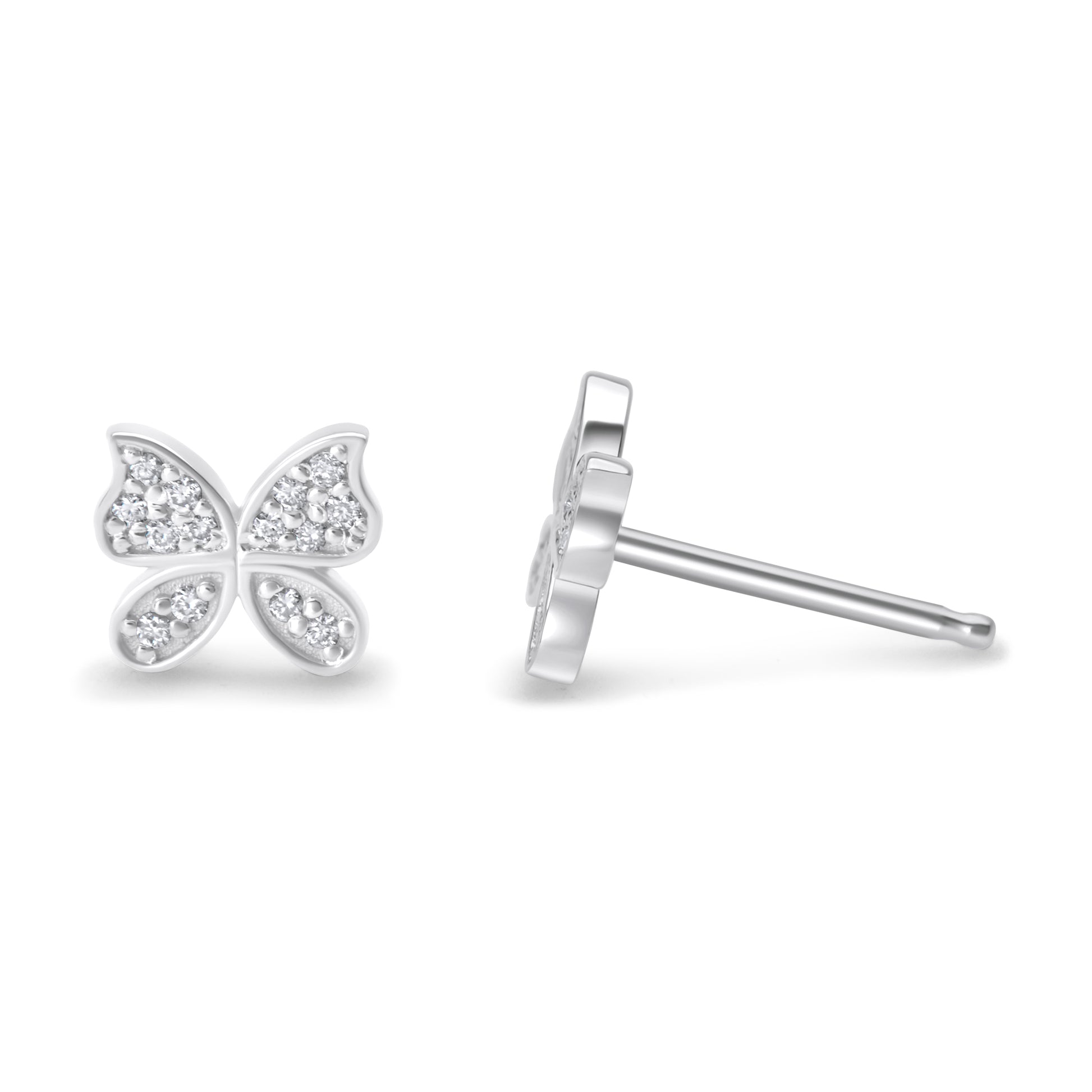 14k white gold diamond butterfly earrings front and side view