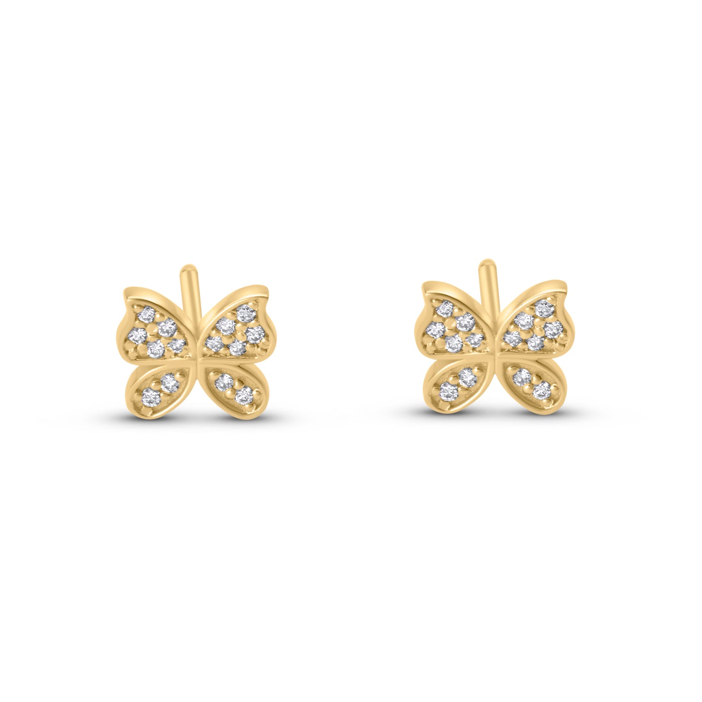 14k yellow gold diamond butterfly earrings front view.