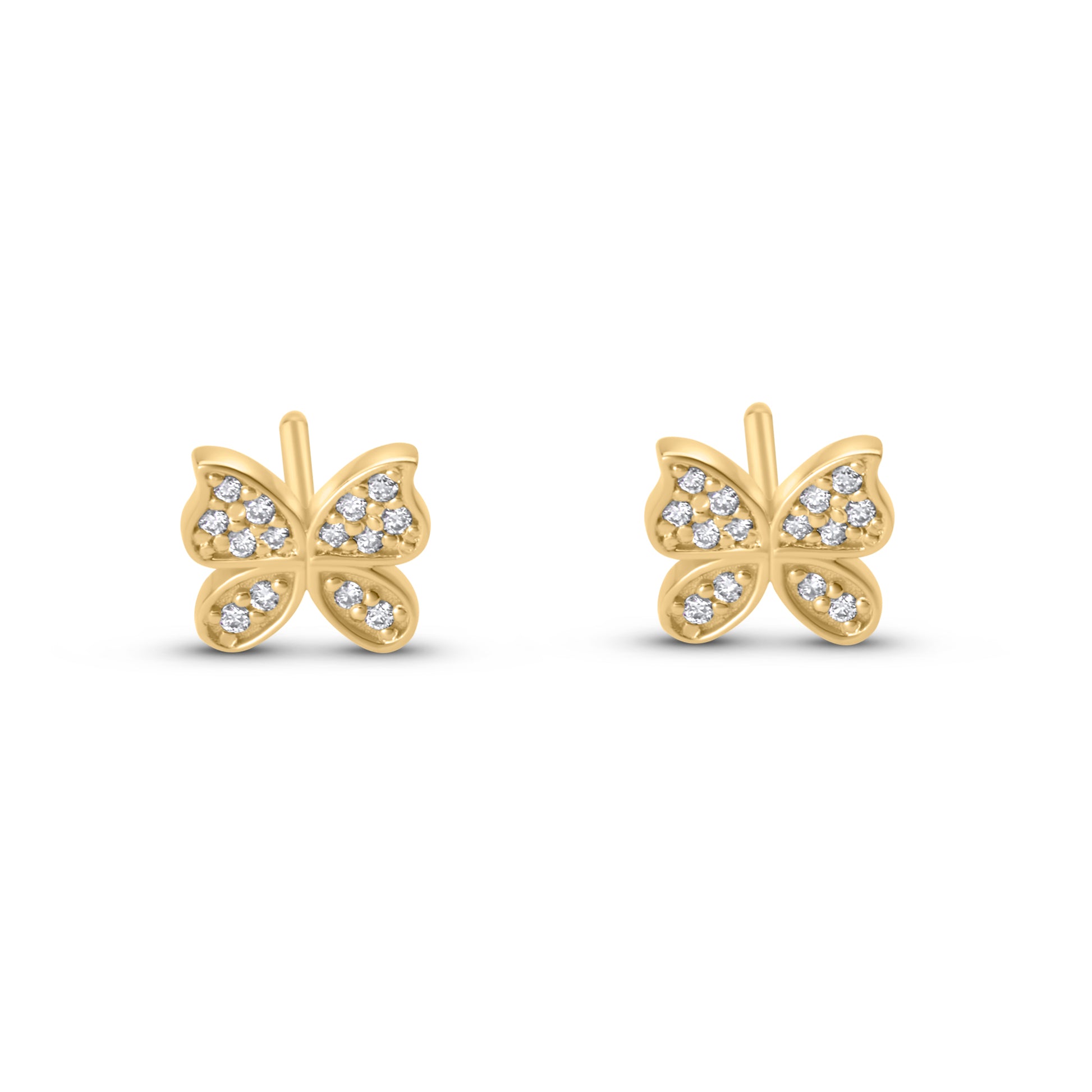 14k yellow gold diamond butterfly earrings front view.