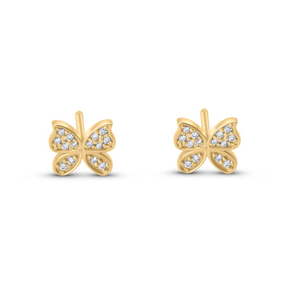 14k yellow gold diamond butterfly earrings front view.