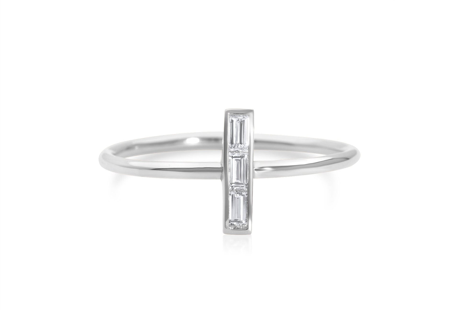Three stone 14k white gold Baguette Diamond Bar Ring
