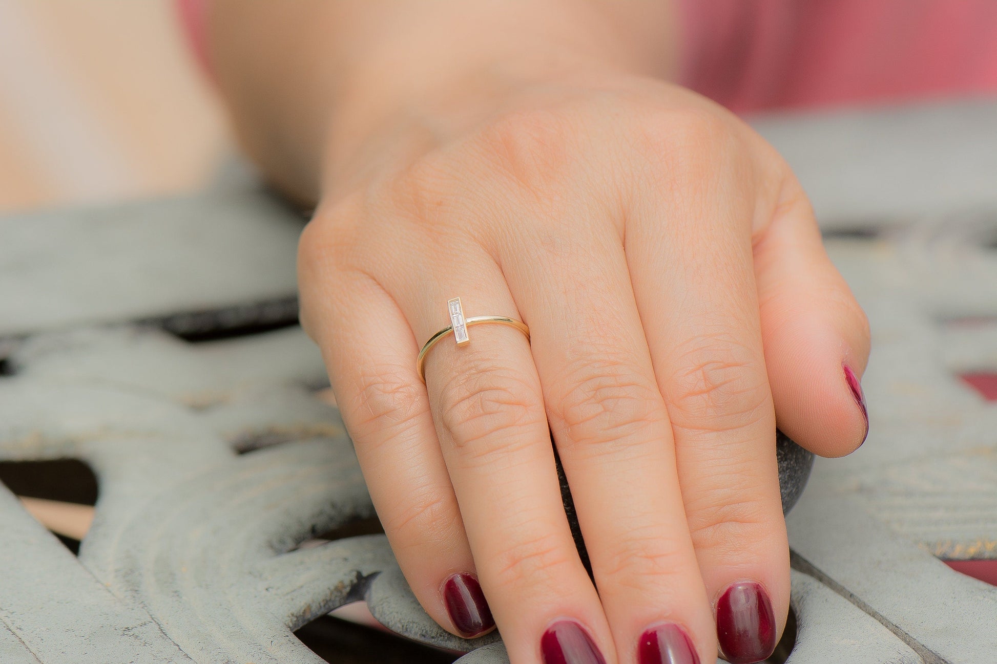 14k Baguette Diamond Bar Ring