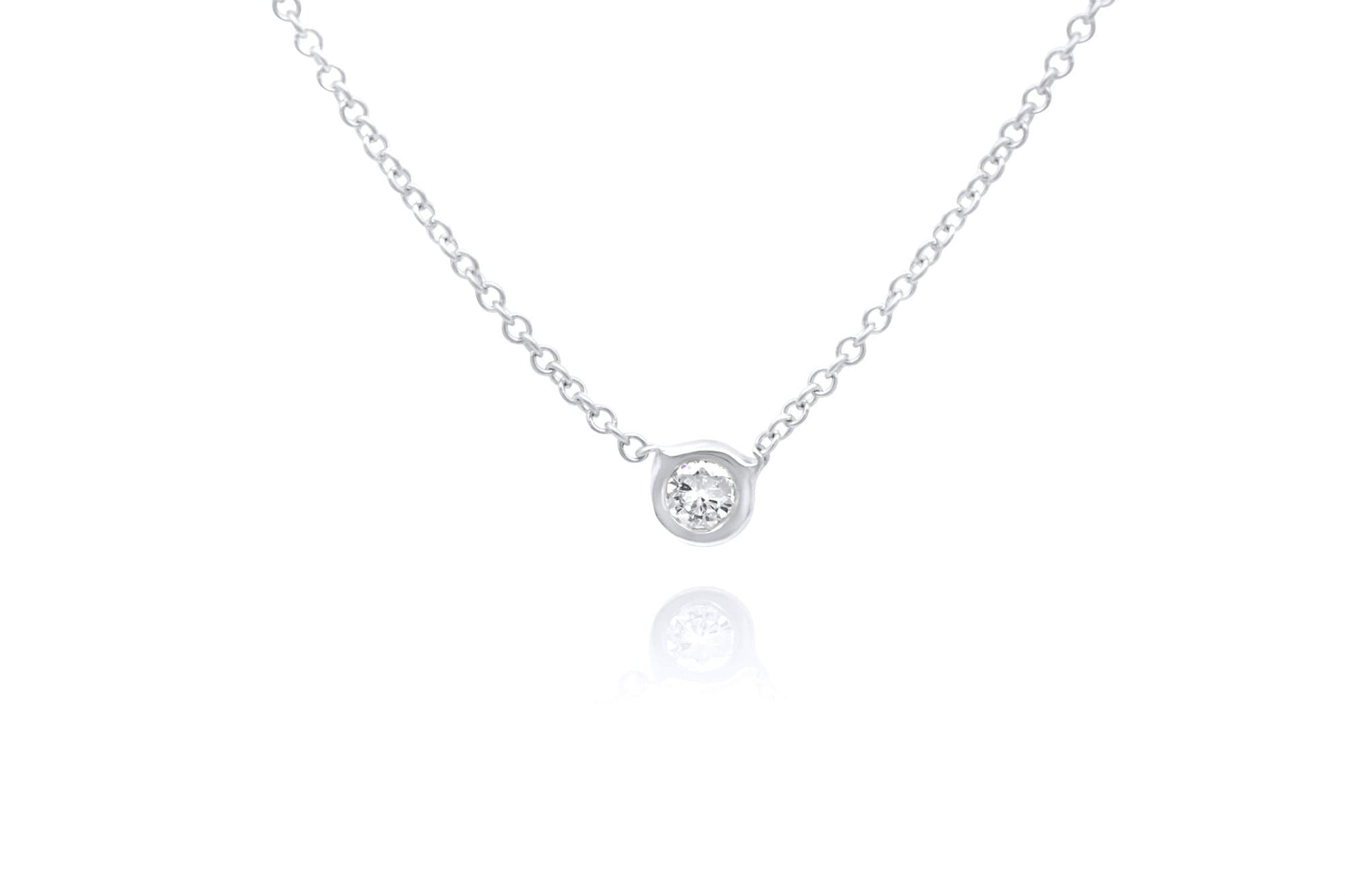 View of 14k White Gold Bezel Set Diamond Necklace with Cable Link Chain 