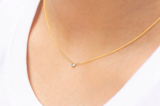 Women wearing a 14k Rose Gold Bezel Set Diamond Pendant with Cable Link Chain  .05ct.