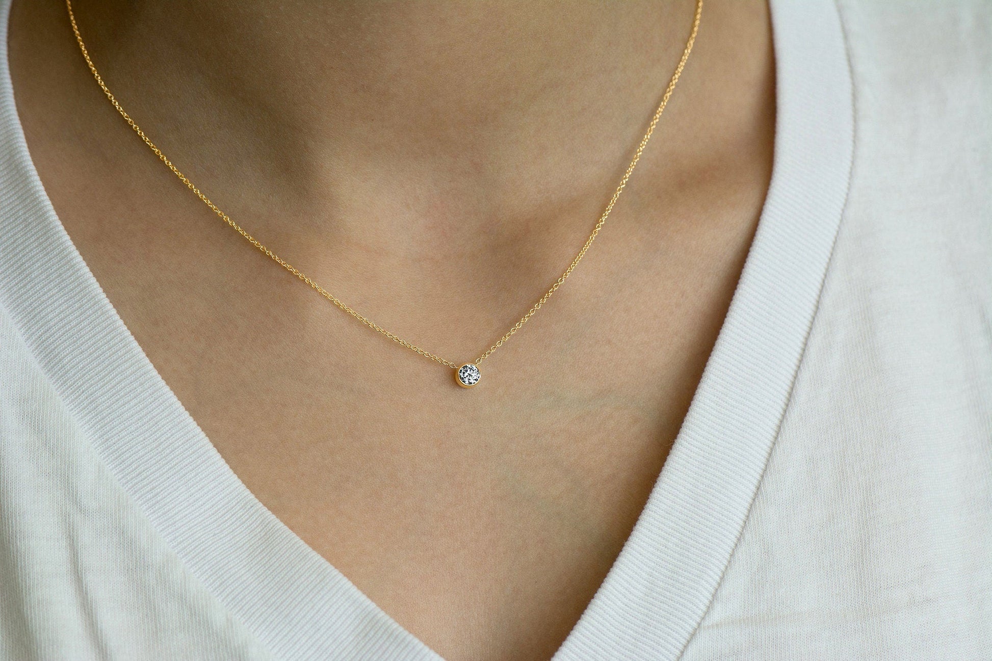 14K Gold Bezel Set Diamond Solitaire Necklace .25 carat