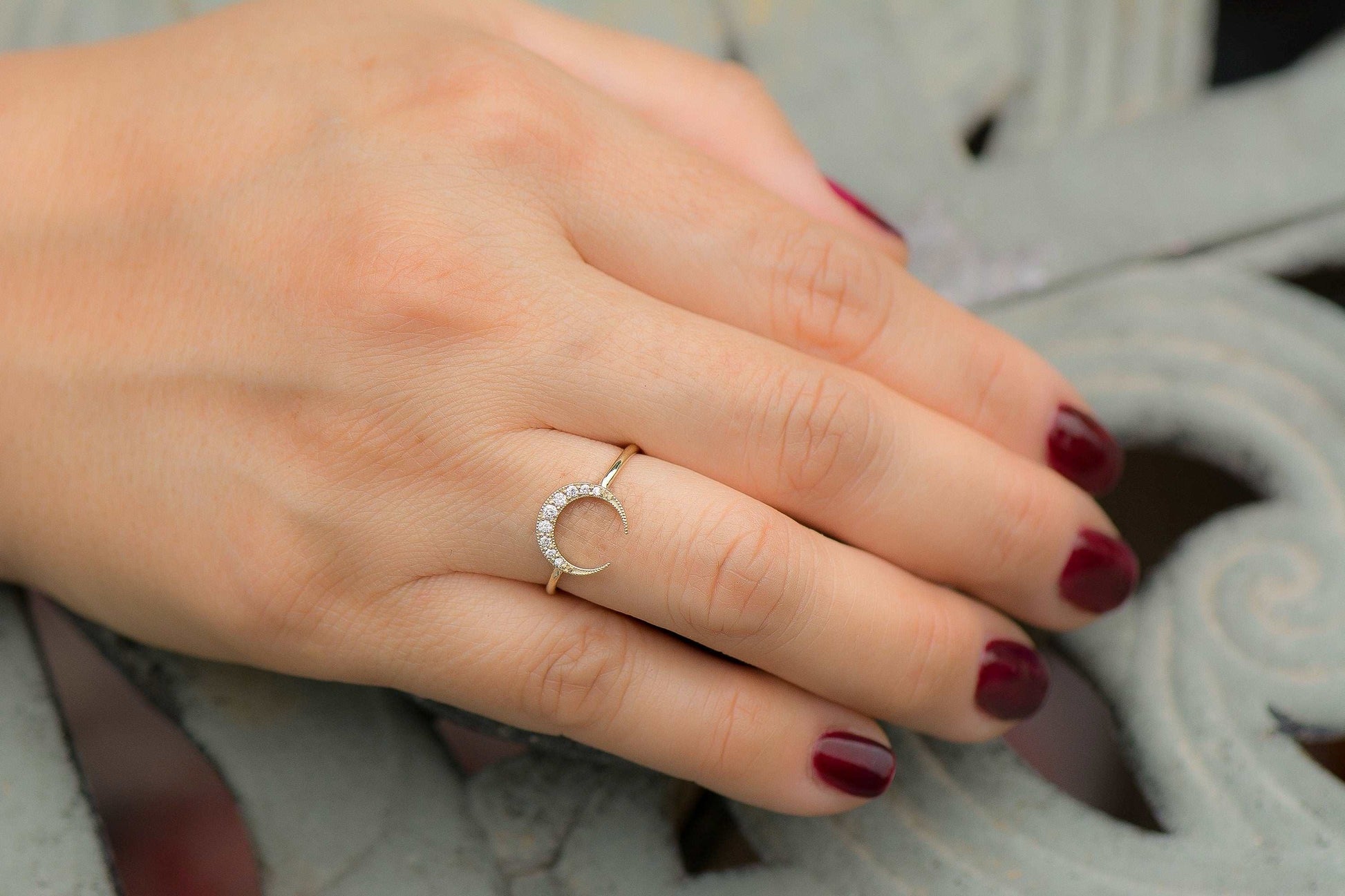 14k Gold Crescent Half Moon Diamond Ring