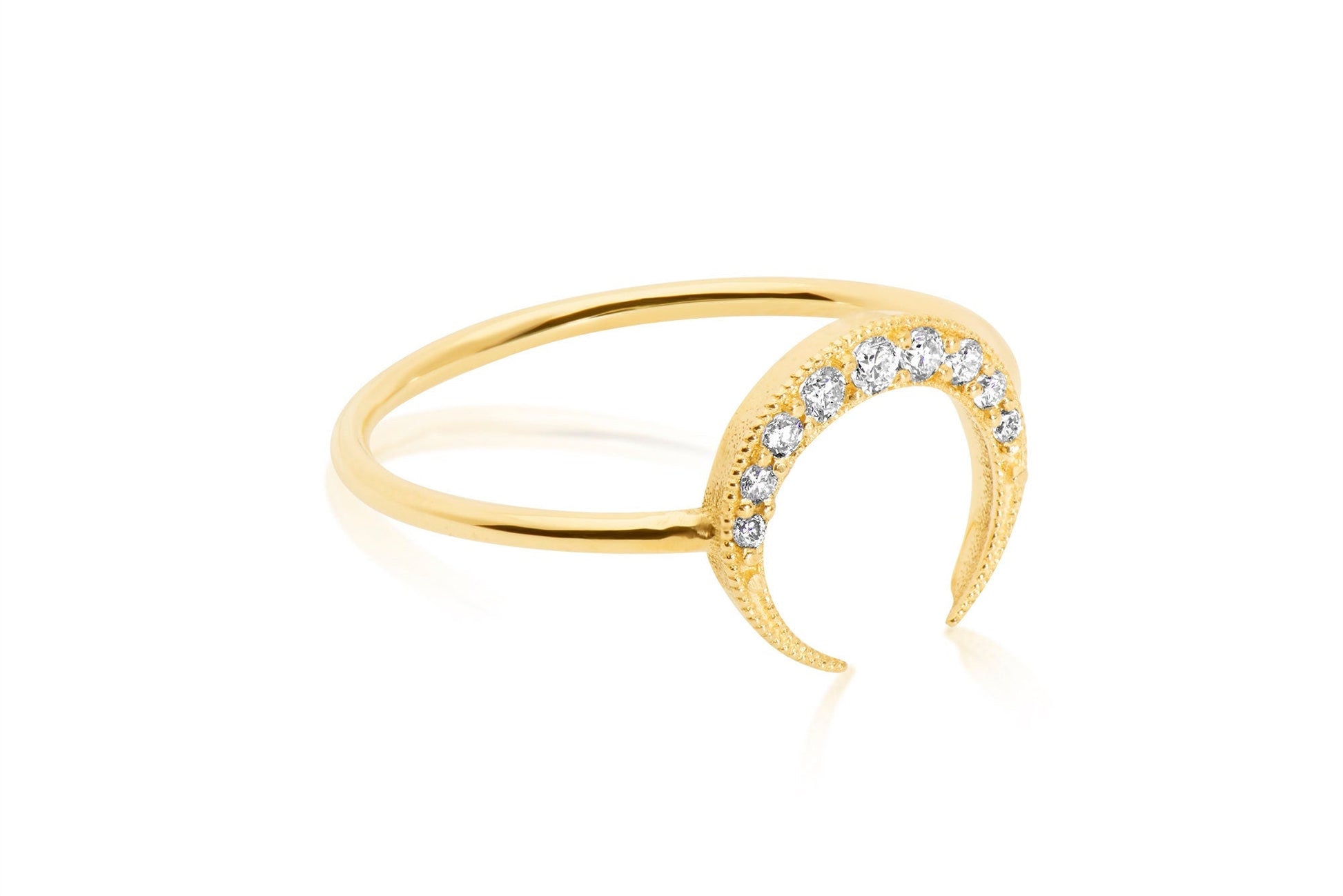 14k Gold Crescent Half Moon Diamond Ring