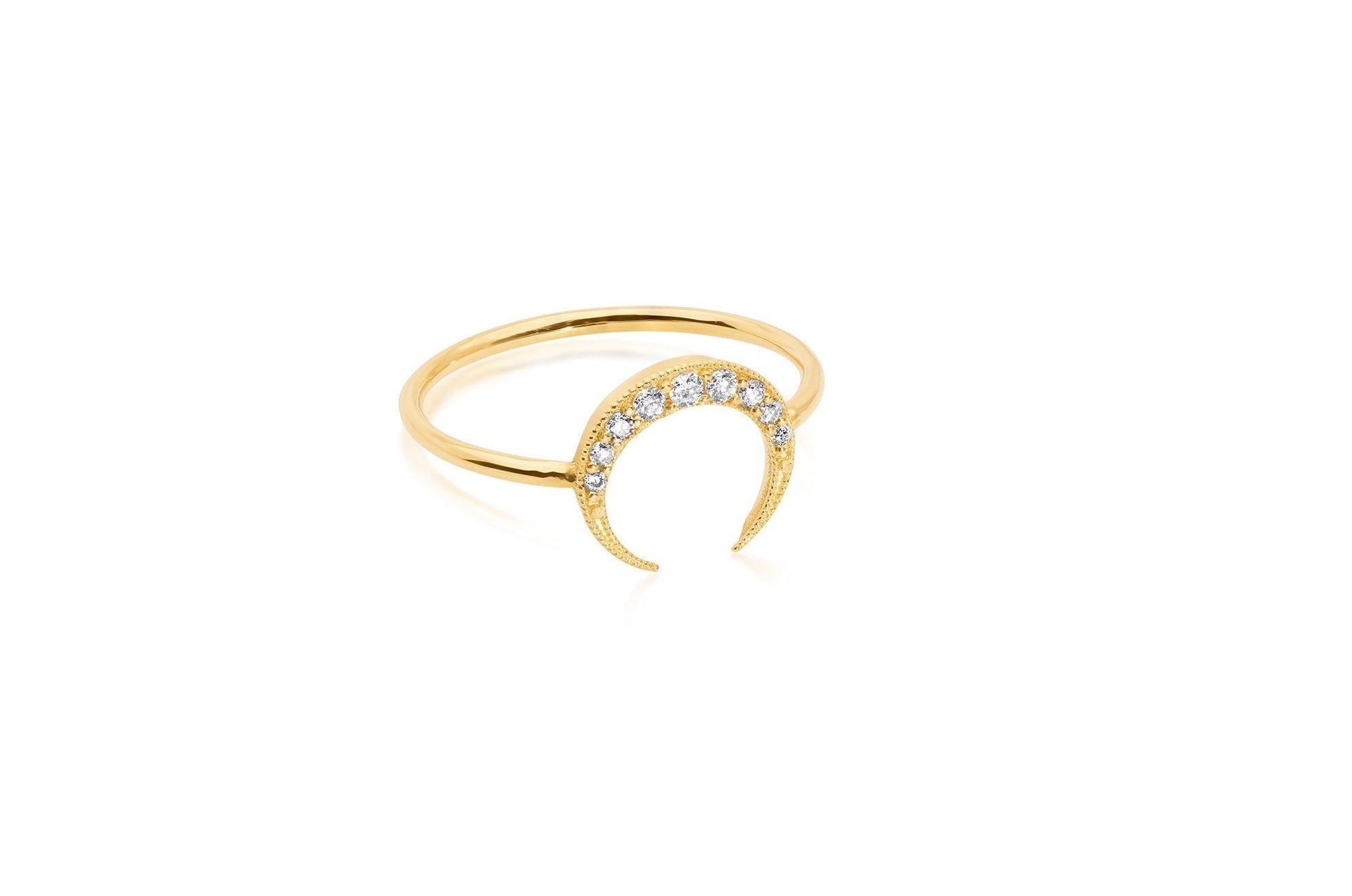 14k Gold Crescent Half Moon Diamond Ring