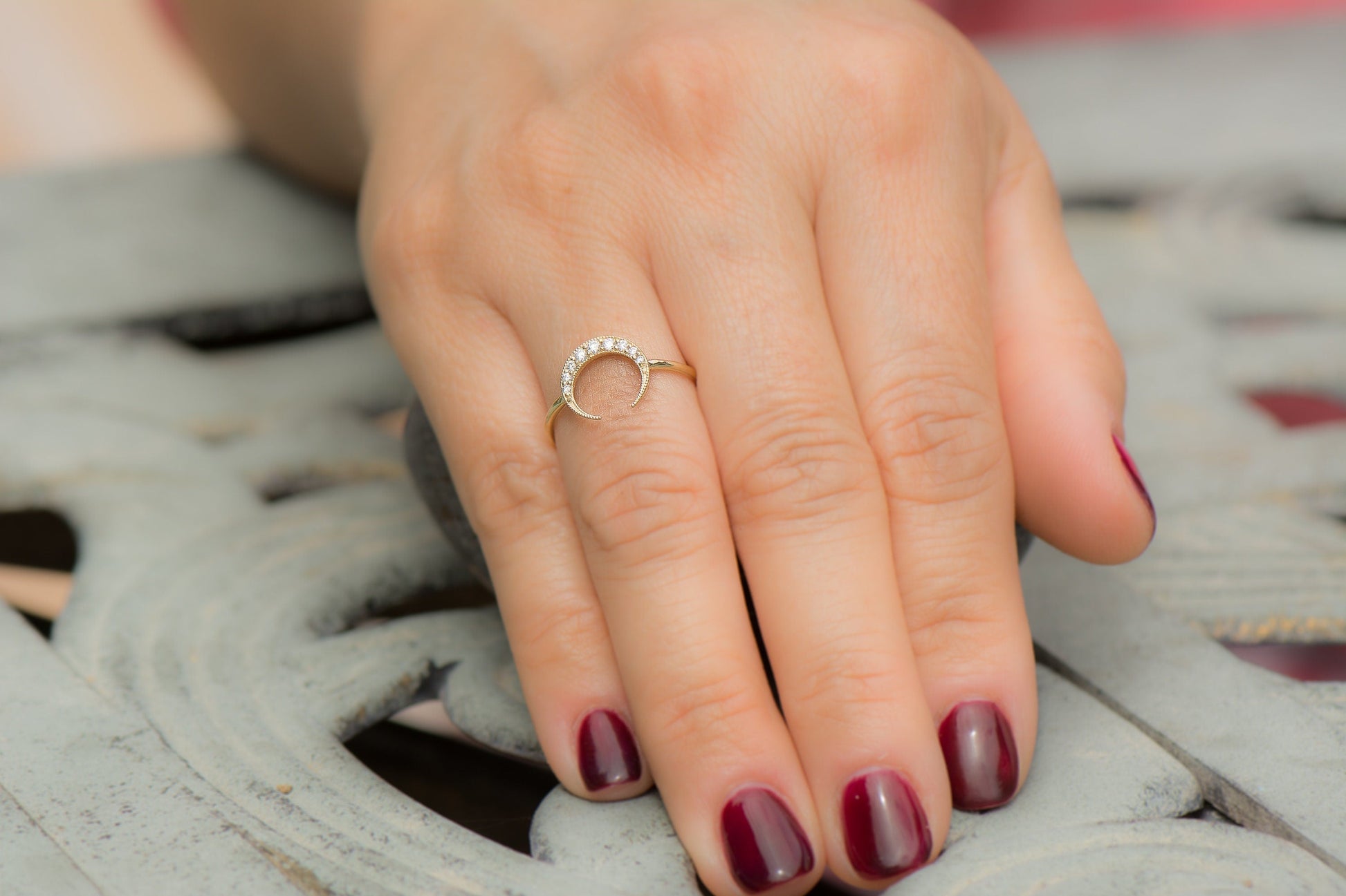14k Gold Crescent Half Moon Diamond Ring