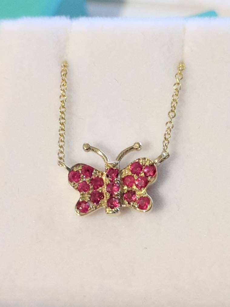 14k Gold Dainty Butterfly Pink Sapphire Necklace