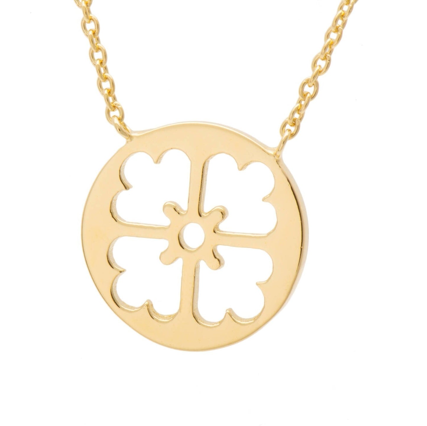 14k Gold Dainty Circle Necklace Four leaf Clover Pendant
