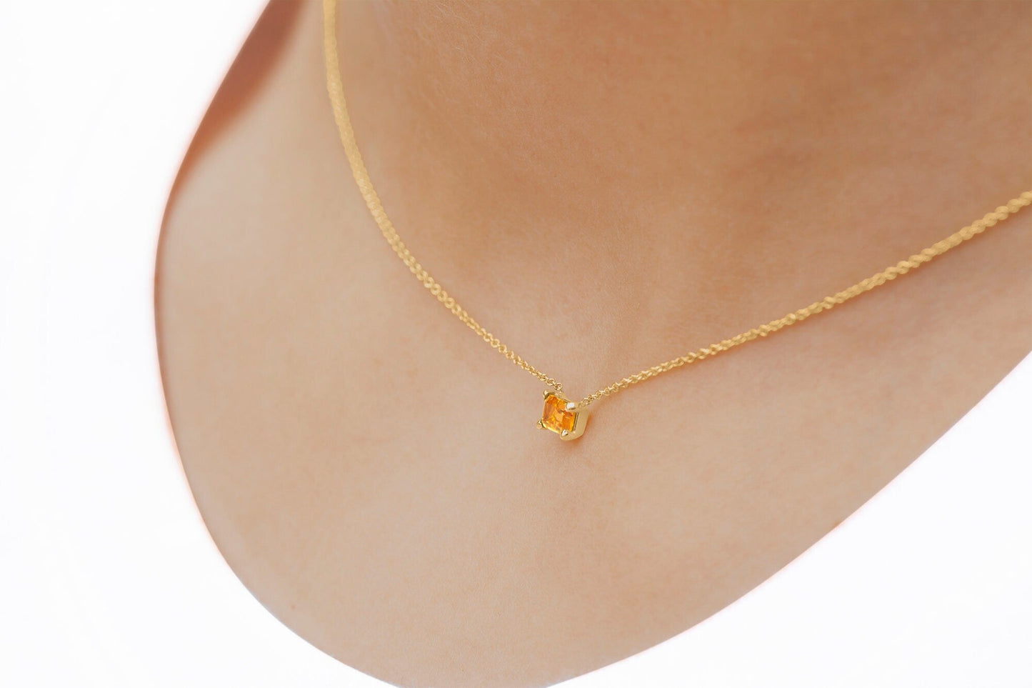 14k Gold Emerald Cut Citrine Necklaces