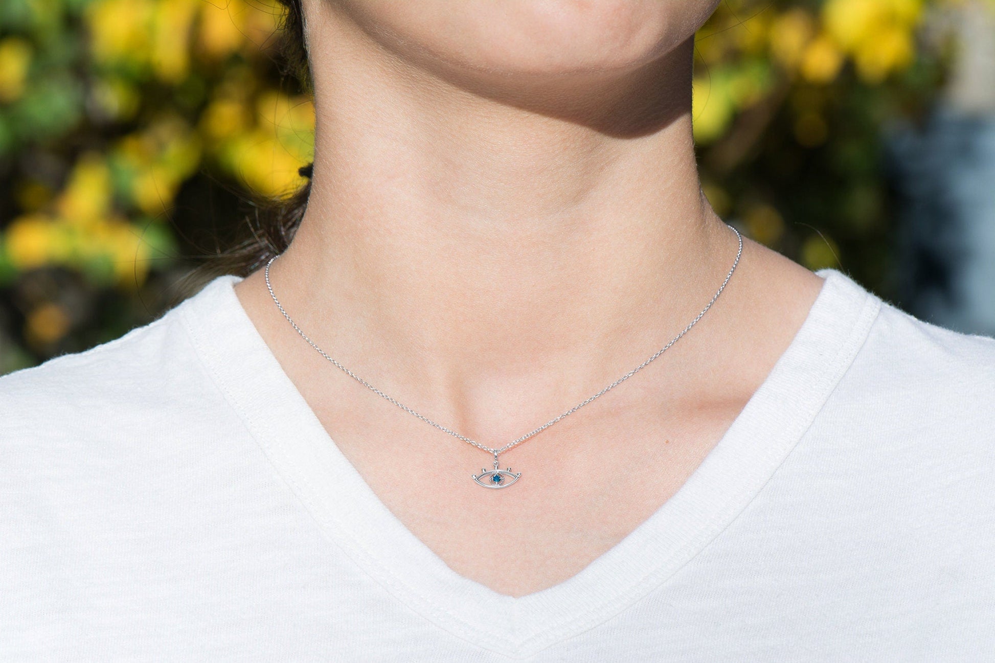 14k Gold Evil Eye Charm Necklace with Blue Diamond