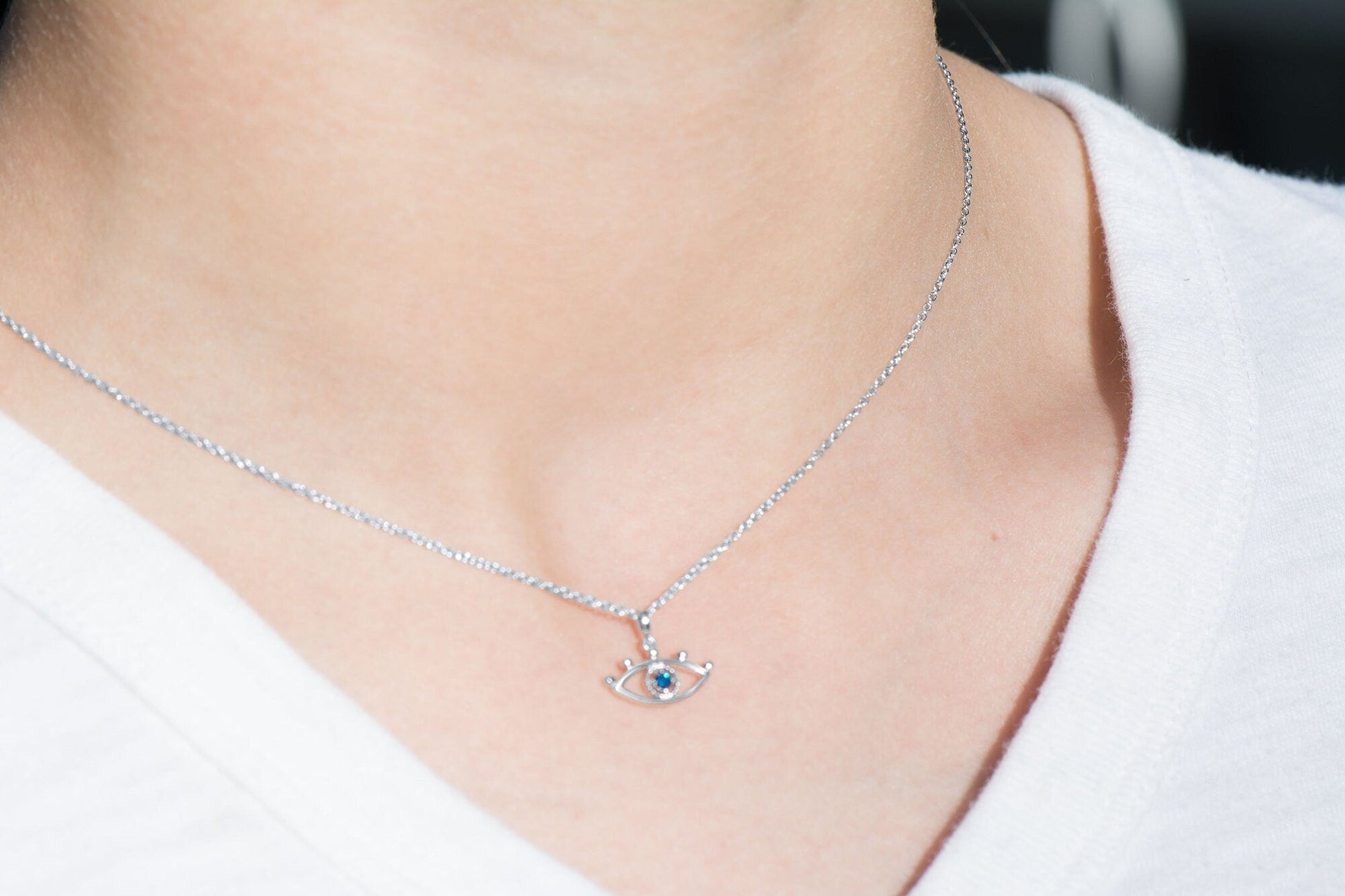 14k Gold Evil Eye Charm Necklace with Blue Diamond