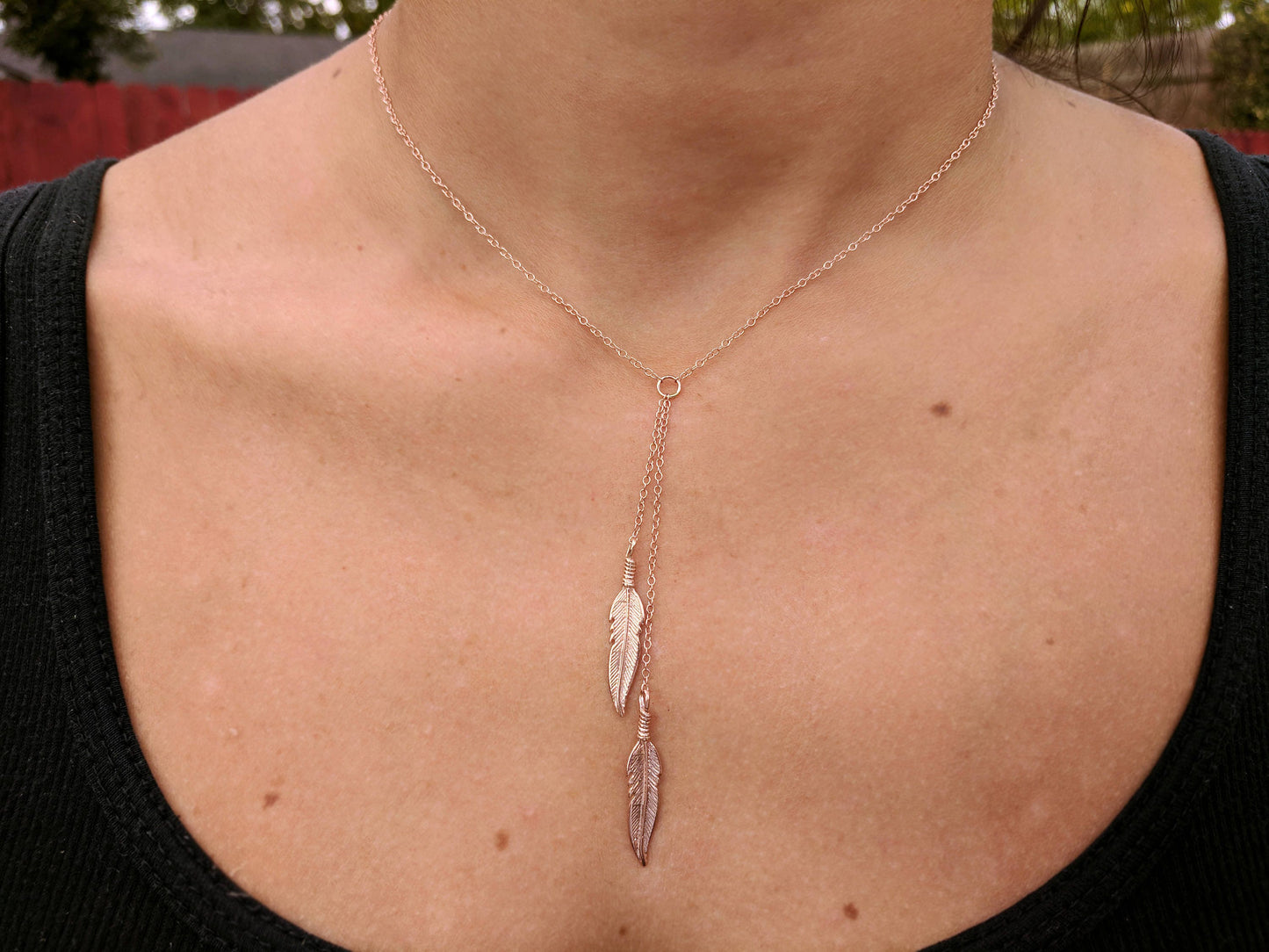 14k Gold Feather Lariat Necklace