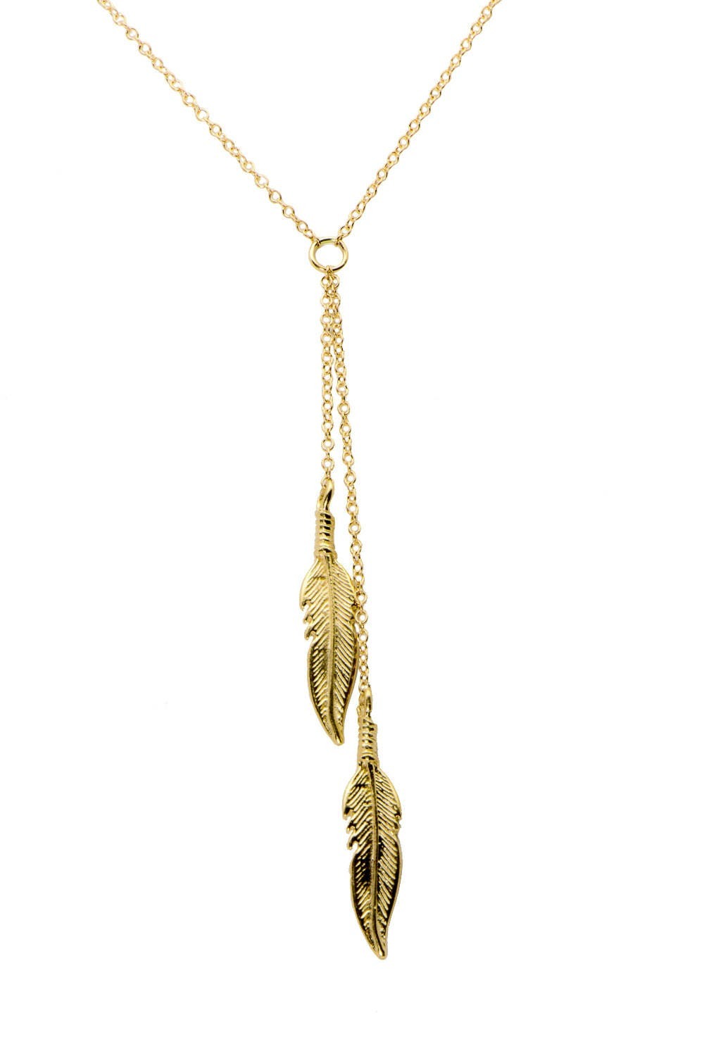14k Gold Feather Lariat Necklace