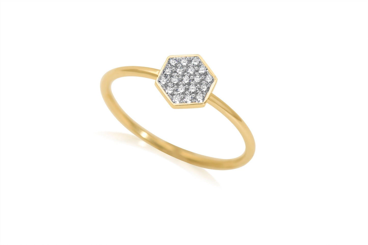 14k Gold Hexagon Diamond Ring, Micro Pave Honeycomb design Ring
