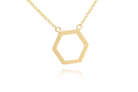 14k Gold Hexagon Necklace, Geometric Honeycomb Shape Small Charm Pendant