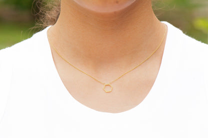 14k Gold Hexagon Necklace, Geometric Honeycomb Shape Small Charm Pendant