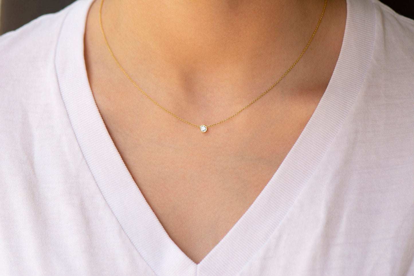 14k Gold Solitaire Bezel Diamond Necklace