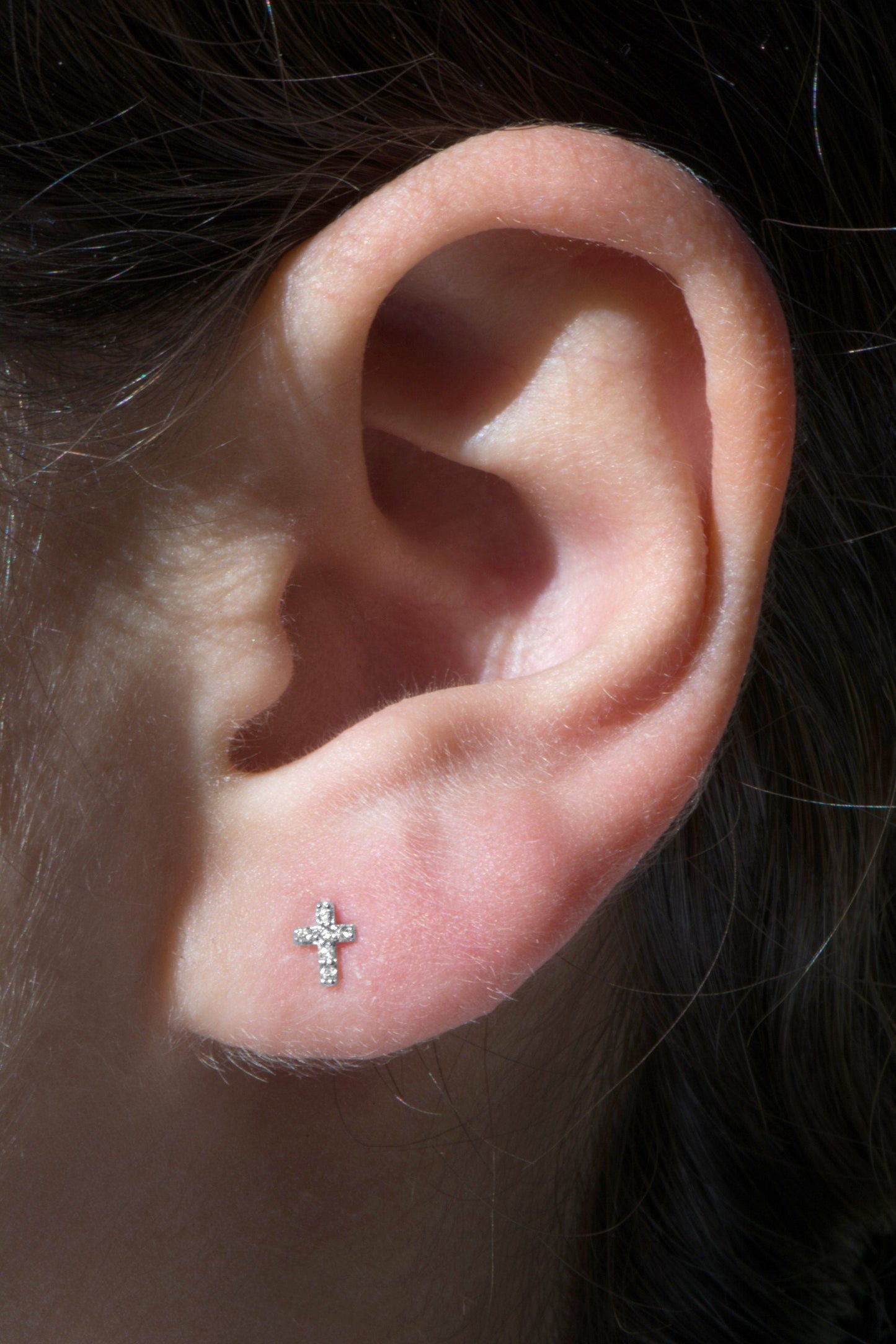 14k Gold Tiny Cross Diamond Stud Earrings