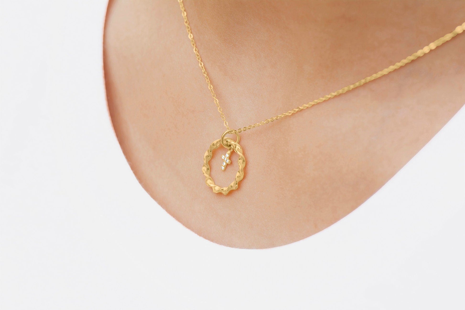 14K Gold Tiny Diamond Cross Nested in Braided Circle Necklace